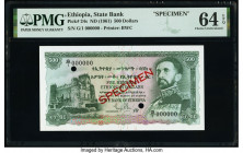 Ethiopia State Bank of Ethiopia 500 Dollars ND (1961) Pick 24s Specimen PMG Choice Uncirculated 64 EPQ. Red Specimen overprints and two POCs present. ...