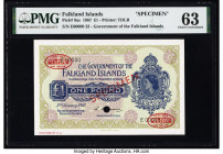 Falkland Islands Government of the Falkland Islands 1 Pound 2.1.1967 Pick 8as Specimen PMG Choice Uncirculated 63. Red Specimen & TDLR overprints and ...