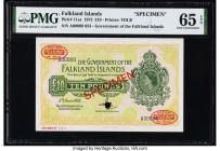 Falkland Islands Government of the Falkland Islands 10 Pounds 5.6.1975 Pick 11as Specimen PMG Gem Uncirculated 65 EPQ. Red Specimen & TDLR overprints ...