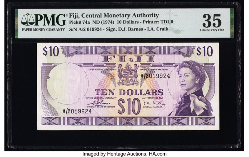 Fiji Central Monetary Authority 10 Dollars ND (1974) Pick 74a PMG Choice Very Fi...