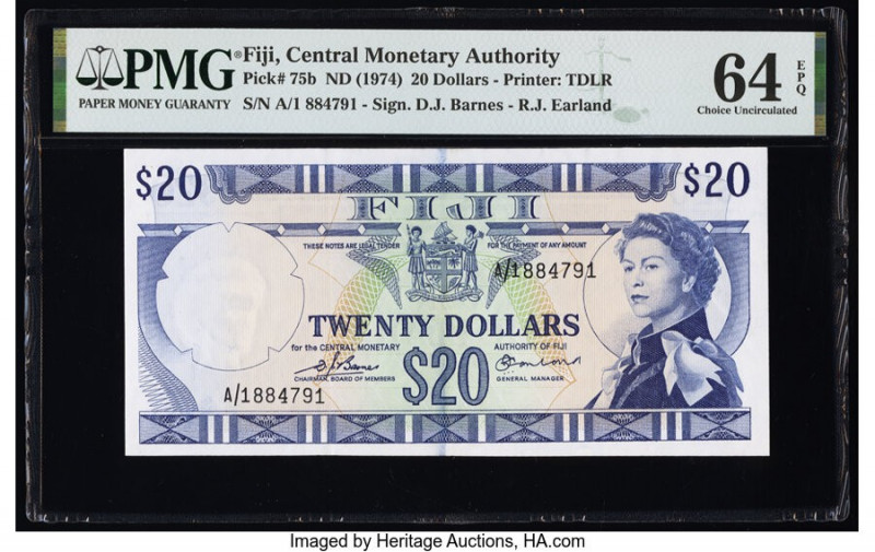 Fiji Central Monetary Authority 20 Dollars ND (1974) Pick 75b PMG Choice Uncircu...