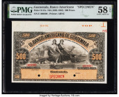 Guatemala Banco Americano de Guatemala 500 Pesos ND (1895-1925) Pick S115s Specimen PMG Choice About Unc 58 EPQ. Selvage included, red Specimen overpr...