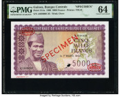 Guinea Banque Centrale de la Republique de Guinee 5000 Francs 1.3.1960 Pick 15As Specimen PMG Choice Uncirculated 64. Red Specimen & TDLR overprints a...