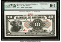 Honduras Banco de Honduras 10 Pesos 1.10.1913 Pick 25s Specimen PMG Gem Uncirculated 66 EPQ. Selvage included, red Specimen overprints and two POCs ar...