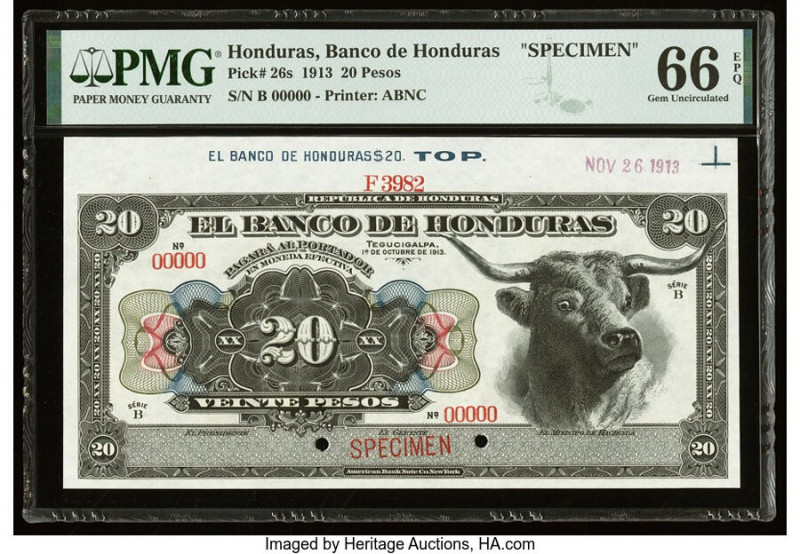 Honduras Banco de Honduras 20 Pesos 1.10.1913 Pick 26s Specimen PMG Gem Uncircul...