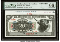 Honduras Banco de Honduras 20 Pesos 1.10.1913 Pick 26s Specimen PMG Gem Uncirculated 66 EPQ. Selvage included, red Specimen overprints and two POCs ar...