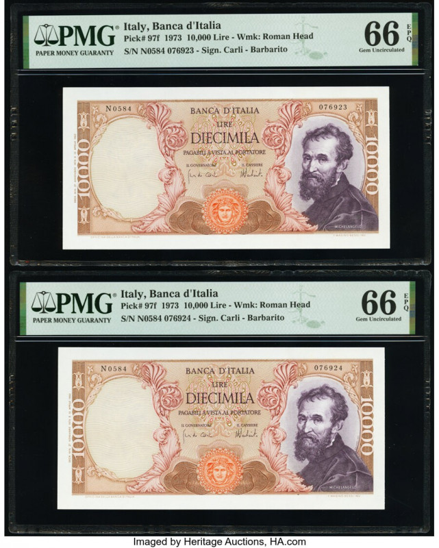Italy Banco d'Italia 10,000 Lire 1973 Pick 97f Two Consecutive Examples PMG Gem ...