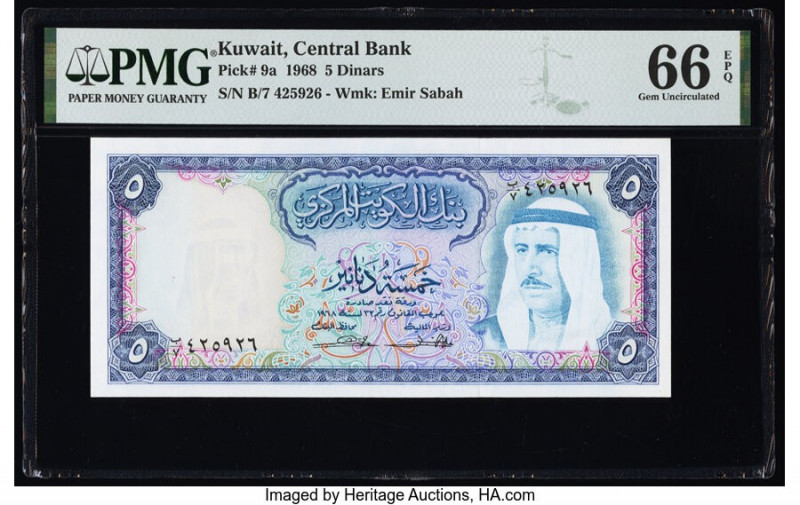 Kuwait Central Bank of Kuwait 5 Dinars 1968 Pick 9a PMG Gem Uncirculated 66 EPQ....