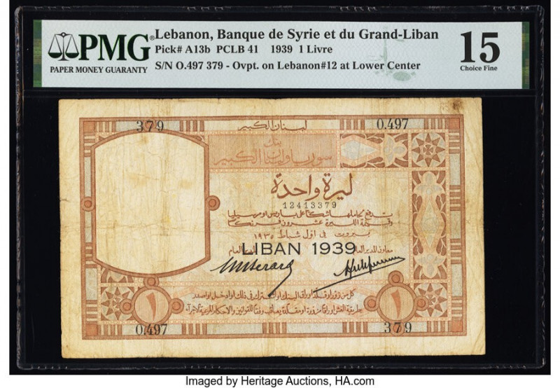 Lebanon Banque de Syrie et du Grand-Liban 1 Livre 1939 Pick A13b PMG Choice Fine...