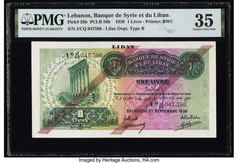 Lebanon Banque de Syrie et du Liban 1 Livre 1.9.1939 Pick 26b PMG Choice Very Fi...