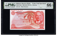 Malawi Reserve Bank of Malawi 1 Kwacha 1964 (ND 1973-75) Pick 10cts Color Trial Specimen PMG Gem Uncirculated 66 EPQ. Red Specimen overprints are pres...