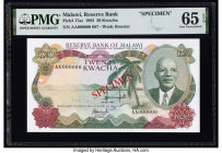 Malawi Reserve Bank of Malawi 20 Kwacha 1.7.1983 Pick 17as Specimen PMG Gem Uncirculated 65 EPQ. Red Specimen overprints are present on this example. ...