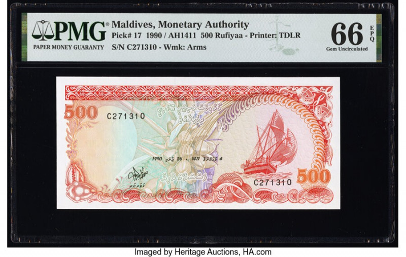 Maldives Monetary Authority 500 Rufiyaa 1990 / AH1411 Pick 17 PMG Gem Uncirculat...