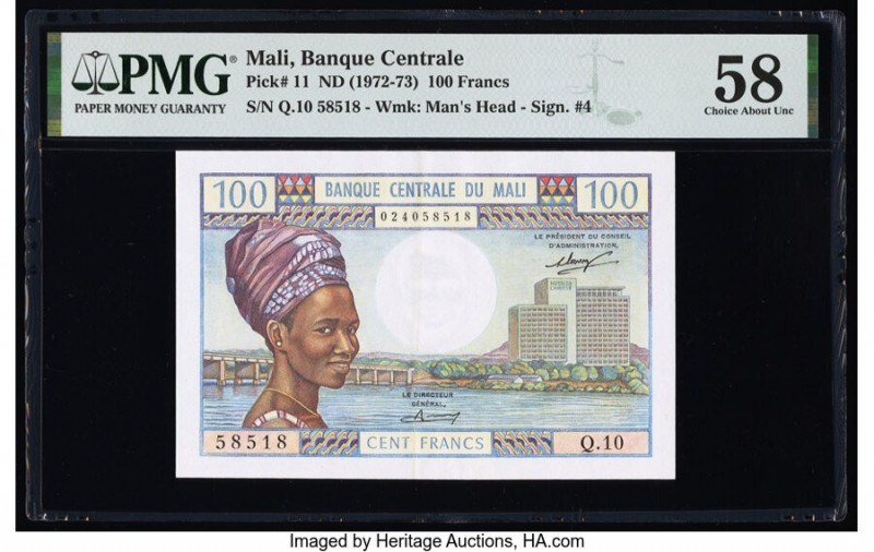 Mali Banque Centrale du Mali 100 Francs ND (1972-73) Pick 11 PMG Choice About Un...