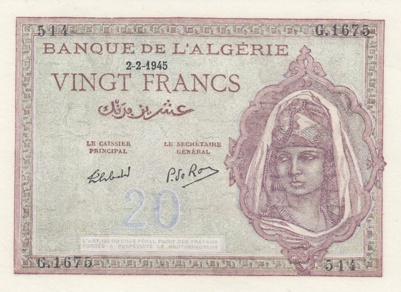 Algeria, 20 Francs, 1945, UNC, p92b
Banque de l'Algérie
Estimate: USD 50 - 100...