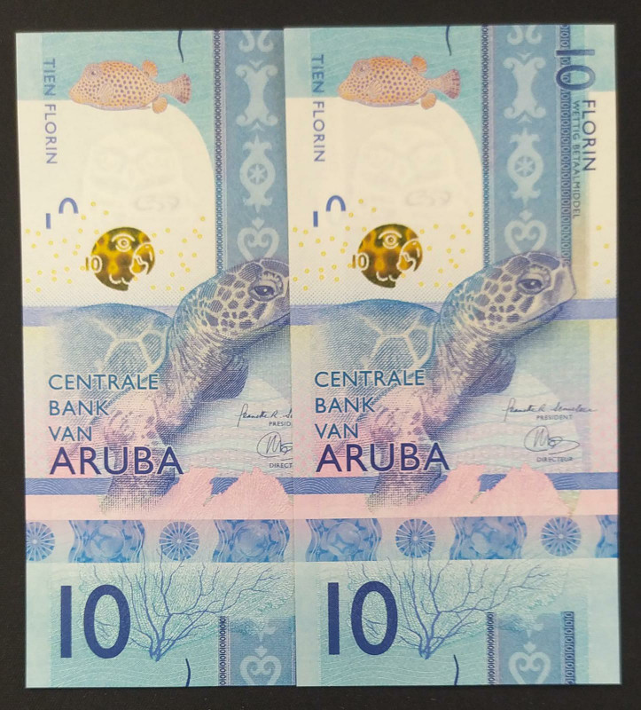 Aruba, 10 Florin, 2019, UNC, p21, (Total 2 consecutive banknotes)
Centrale Bank...