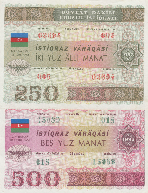 Azerbaijan, 250-500 Manat, 1993, p13A; p13B, (Total 2 banknotes)
Azerbaijan Rep...