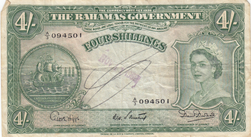 Bahamas, 4 Shillings, 1953, VF, p13b
Queen Elizabeth II. Potrait
Estimate: USD...