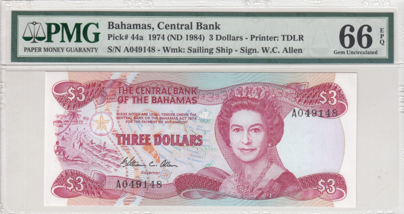 Bahamas, 3 Dollars, 1974, UNC, p44a
PMG 66 EPQ, Queen Elizabeth II. Potrait, Ce...