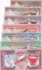 Bahrain, 100 Fils-1/4- 1/2- 1-5-10-20 Dinars, 1978, UNC, SPECIMEN
(Total 7 banknotes), Collector Series, COA (Certificate of Authenticity) 001365
Es...