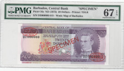 Barbados, 20 Dollars, 1973, UNC, p34s, SPECIMEN
PMG 67 EPQ, High condition 
Estimate: USD 220 - 400