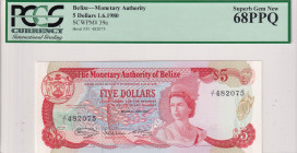 Belize, 5 Dollars, 1980, UNC, p39a
PCGS 68 PPQ, High Condition, Queen Elizabeth II. Potrait
Estimate: USD 150 - 300