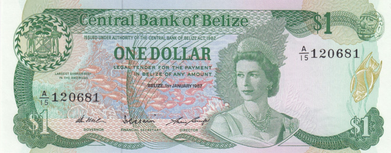 Belize, 1 Dollar, 1987, UNC, p46c
Queen Elizabeth II. Potrait
Estimate: USD 25...