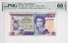 Belize, 2 Dollars, 2014, UNC, p66e
PMG 66 EPQ, Queen Elizabeth II. Potrait
Estimate: USD 25 - 50