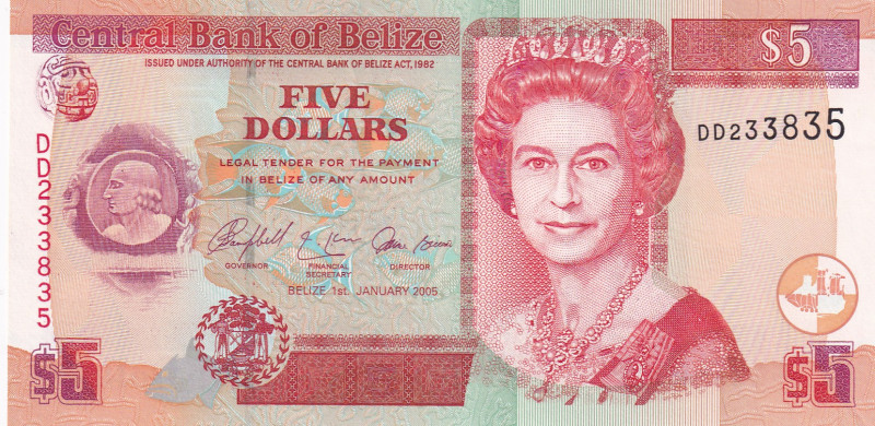Belize, 5 Dollars, 2005, UNC, p67b
Queen Elizabeth II portrait, Polymer banknot...