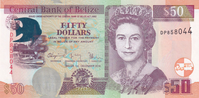 Belize, 50 Dollars, 2016, UNC, p70f
Queen Elizabeth II. Potrait
Estimate: USD ...