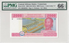 Central African States, 2.000 Francs, 2002, UNC, p613U
PMG 66 EPQ, "U'' Cameroun
Estimate: USD 25 - 50