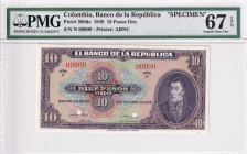 Colombia, 10 Pesos Oro, 1949, UNC, p389ds, SPECIMEN
PMG 67 EPQ, High condition 
Estimate: USD 270 - 540