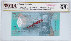 Cook Islands, 3 Dollars, 2021, UNC, p11as, SPECIMEN
MDC 68 GPQ, Polymer
Estimate: USD 35 - 70