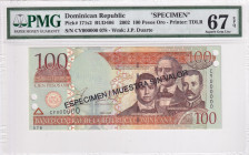 Dominican Republic, 10 Pesos Oro, 2002, UNC, p171s2, SPECIMEN
PMG 67 EPQ, High condition 
Estimate: USD 50 - 100