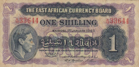 East Africa, 1 Shilling, 1943, VF, p27
There are stains and split
Estimate: USD 30 - 60