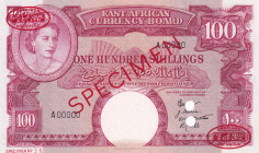 East Africa, 100 Shillings, 1958/1960, UNC, p40, SPECIMEN
Queen Elizabeth II. Potrait
Estimate: USD 1000 - 2000