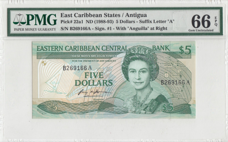 East Caribbean States, 5 Dollars, 1988/1993, UNC, p22a1
PMG 66 EPQ, Queen Eliza...