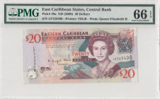 East Caribbean States, 20 Dollars, 2008, UNC, p49a
PMG 66 EPQ, Queen Elizabeth II. Potrait, Central Bank
Estimate: USD 30 - 60