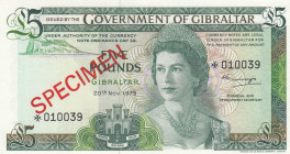 Gibraltar, 5 Pounds, 1975, UNC, p21aCS1, SPECIMEN
Government of Gibraltar, Collector's Series, Queen Elizabeth II Portrait
Estimate: USD 40 - 80