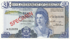 Gibraltar, 10 Pounds, 1975, UNC, p22aCS1, SPECIMEN
Government of Gibraltar, Collector's Series, Queen Elizabeth II Portrait
Estimate: USD 50 - 100