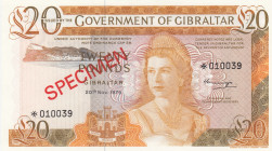 Gibraltar, 20 Pounds, 1975, UNC, p23aCS1, SPECIMEN
Government of Gibraltar, Collector's Series, Queen Elizabeth II Portrait
Estimate: USD 100 - 200