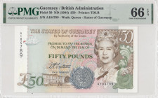 Guernsey, 50 Pounds, 1994, UNC, p59
PMG 66 EPQ, Queen Elizabeth II. Potrait, British Administration
Estimate: USD 150 - 300