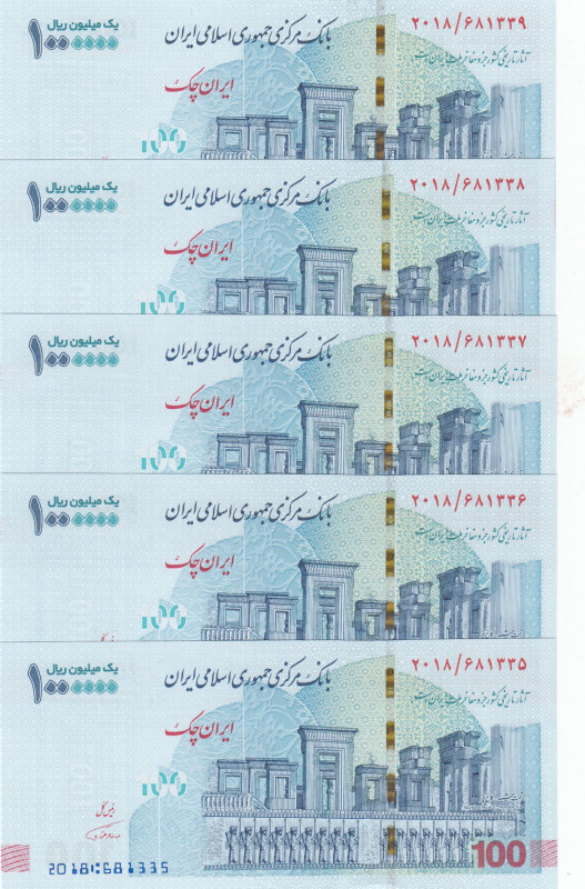 Iran, 1.000.000 Rials, 2021, UNC, p163, (Total 5 consecutive banknotes)
Iran Ch...
