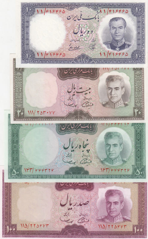 Iran, 10-20-50-100 Rials, 1958/1971, UNC, p68; p84; p85a; p86a, (Total 4 banknot...