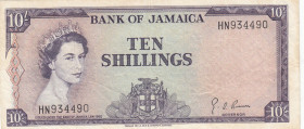 Jamaica, 10 Shillings, 1964, VF(+), p51Be
Queen Elizabeth II. Potrait, Bank of Jamaica 
Estimate: USD 25 - 50
