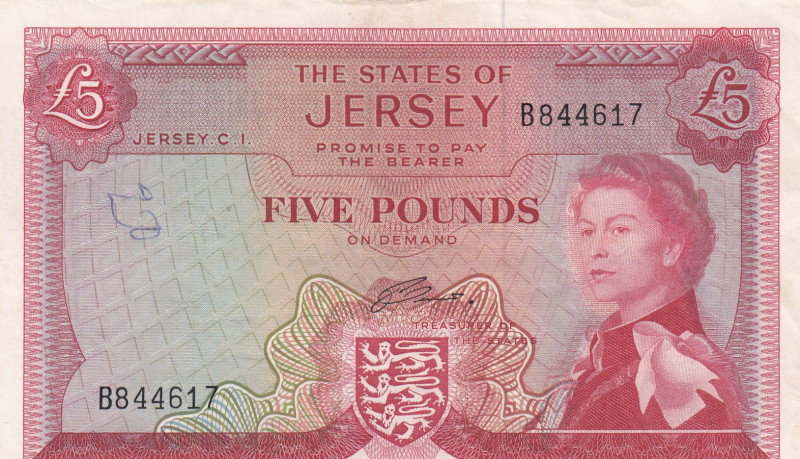 Jersey, 5 Pounds, 1963, XF(-), p9b
Queen Elizabeth II. Potrait, There are stain...