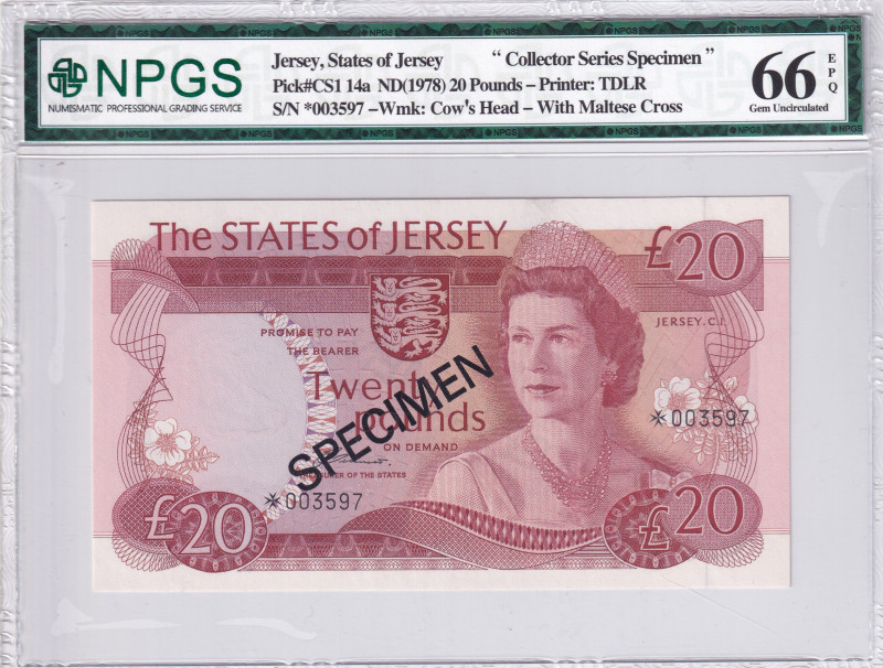 Jersey, 20 Pounds, 1978, UNC, p14aCS1, SPECIMEN
NPGS 66 EPQ, Collector Series
...