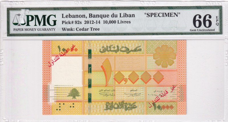 Lebanon, 10.000 Livres, 2014, UNC, p92s, SPECIMEN
PMG 66 EPQ
Estimate: USD 150...