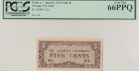 Malaya, 5 Cents, 1942, UNC, pM2a
PCGS 66 PPQ, Japanese Occupation WWII
Estimate: USD 25 - 50