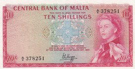 Malta, 10 Shillings, 1968, XF(-), p28a
Queen Elizabeth II. Potrait, Central Bank of Malta 
Estimate: USD 40 - 80